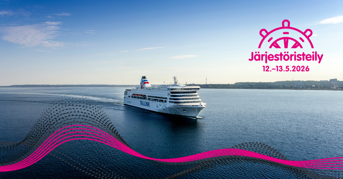 Kuvassa Tallink Silja Linen laiva ja kuvan päällä teksti Järjestöristeily 12.–13.5.2026 sekä lainekuvio.