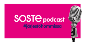 Mikrofoni ja sen vieressä sana SOSTEpodcast ja tunniste #järjestöhommissa.