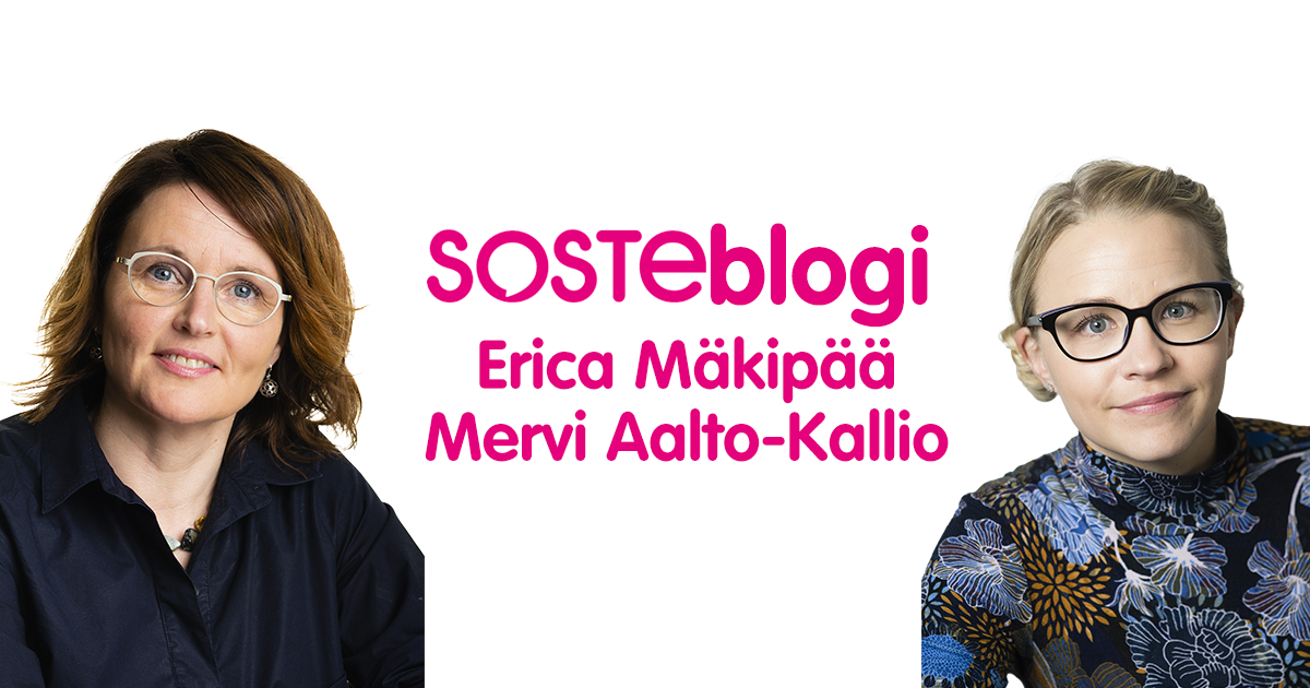 Rintakuvissa Erica Mäkipää ja Mervi Aalto-Kallio, välissä lukee heidän nimensä ja sana SOSTEblogi.