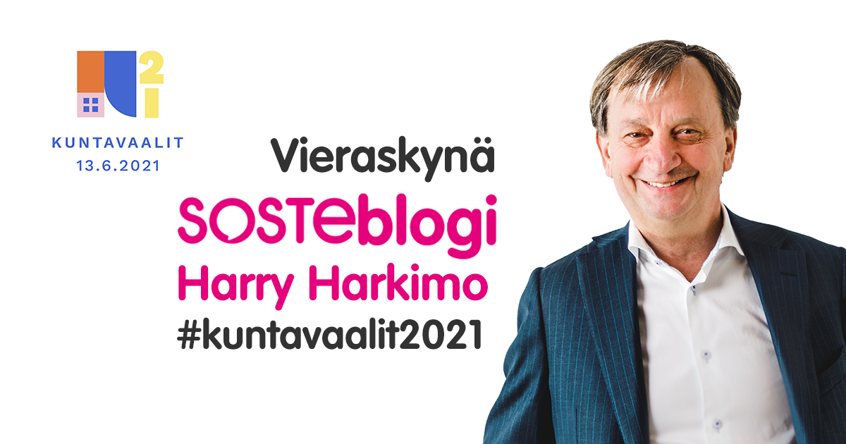 Harry Harkimo katsoo hymyillen kameraan, vieressä lukee hänen nimensä ja termit Vieraskynä, SOSTEblogi, eduskuntavaalit2021.