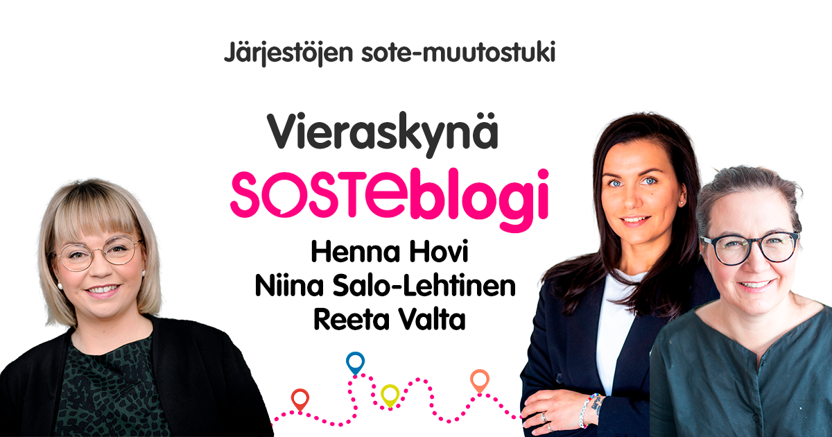 Kasvokuvissa Henna Hovi, Niina Salo-Lehtinen ja Reeta Valta, välissä lukee heidän nimensä ja termit Vieraskynä, SOSTEblogi, Järjestöjen sote-muutostuki.