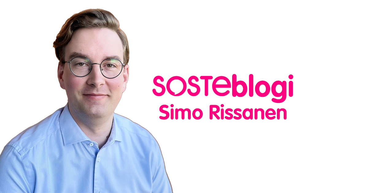 Kasvokuvassa Simo Rissanen, vieressä lukee hänen nimensä ja sana SOSTEblogi.