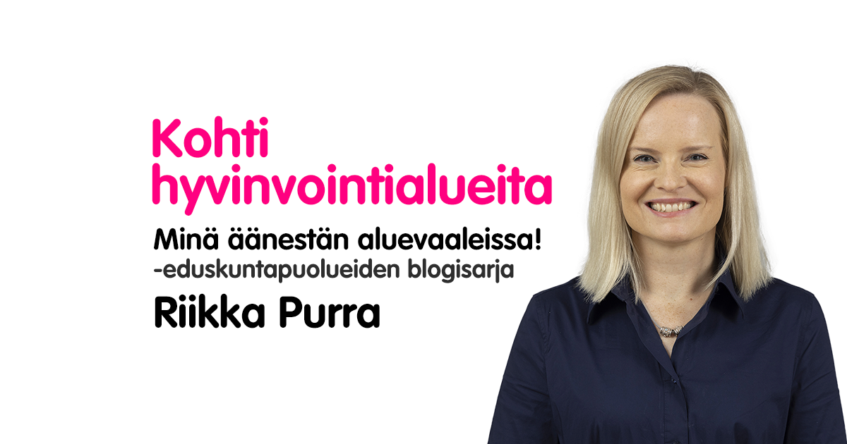 Rintakuvassa hymyilee Riikka Purra, vieressä lukee Kohti hyvinvointialueita, minä äänestän aluevaaleissa, eduskuntapuolueiden blogisarja.