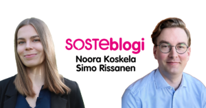 Rintakuvissa Noora Koskela ja Simo Rissanen, välissä lukee heidän nimensä ja sana SOSTEblogi.