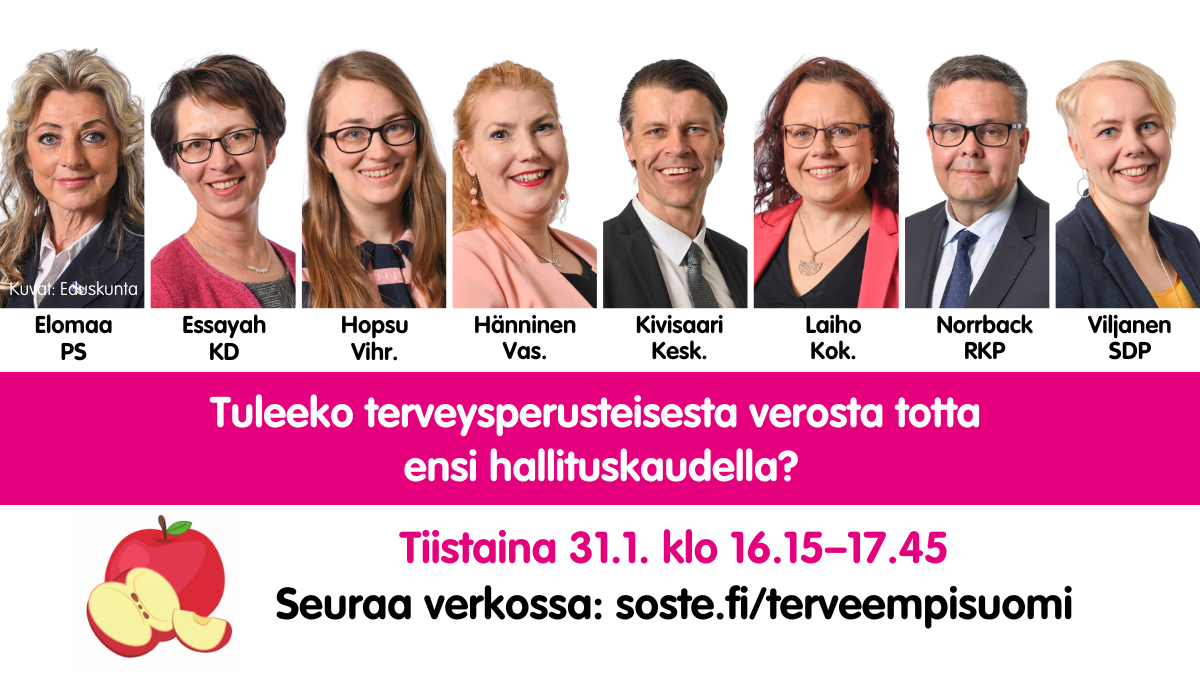 Kuvassa tilaisuuden poliitikkopaneeliin osallistuvat kansanedustajat Elomaa, Essayah, Hopsu, Hänninen, Kivisaari, Laiho, Norrback, Viljanen.