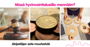 Pinkillä teksti Missä hyvinvointialueilla mennään. Alla kolme kuvaa, joissa on nuija, kolikko ja puisia rattaita pitelevät kädet. Kuvakolmikon alla mustalla teksti Järjestöjen sote-muutostuki ja pinkki polkutunnus.