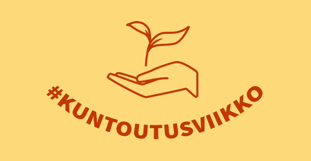 Kuntoutusviikon tunnus, jossa kämmenen päällä taimi ja alla teksti #kuntoutusviikko.