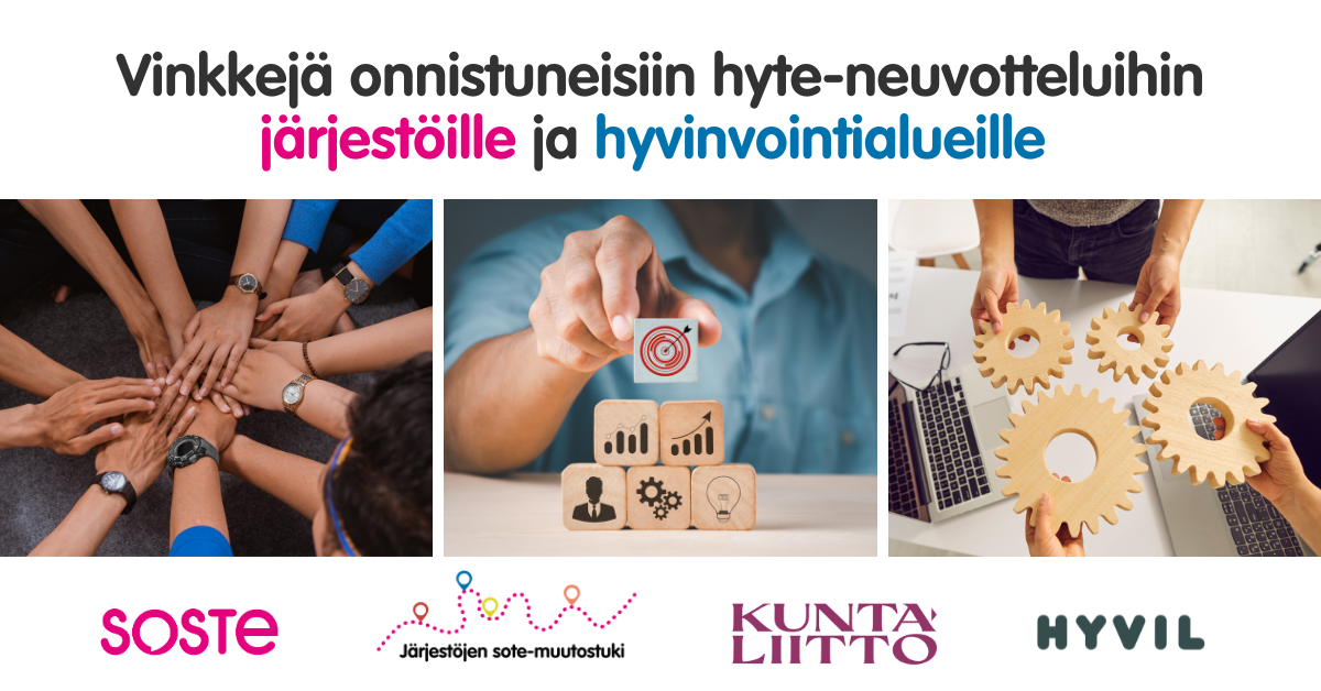 Kuvan keskellä on yhteistyötä kuvaavia kuvituskuvia esimerkiksi yhteen liitetyistä käsistä ja yläpuolella teksti vinkkejä onnistuneisiin hyte-neuvotteluihin järjestöille ja hyvinvointialueille. Kuvien alapuolella ovat SOSTEn, Järjestöjen, Kuntaliiton ja Hyvil Oy:n logot.