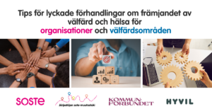 Tips för lyckade förhandlingar om främjande av välfärd och hälsa för organisationer och välfärdsområden. Logotyper för SOSTE, Järjestöjen sote-muutostuki, Kommunalförbundet och Hyvil Ab.