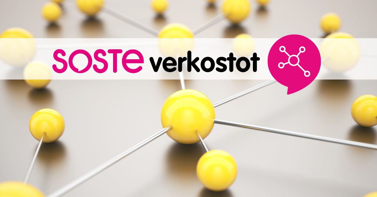 Kuvituskuvassa keltaisia toisiinsa kytköksissä olevia palloja, SOSTEn pinkki logo ja sen vieressä teksti verkostot sekä pinkki puhekupla, jonka sisällä on verkostoa kuvaava grafiikkaelementti.