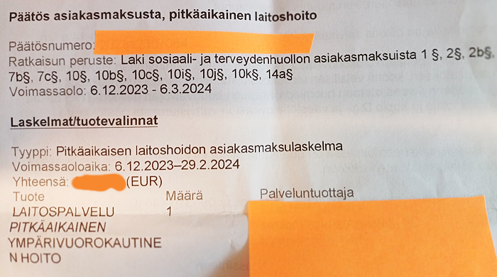 Osittainen kuva asiakasmaksudokumentista, josta on piilotettu henkilökohtaiset tiedot.