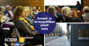 Sosiaali- ja terveyspolitiikan päivien mainoskuva, jossa valokuvia aiempien päivien osallistujista ja tulevien päivien tapahtumapaikan luota Helsingin Aleksanterinkadulta.