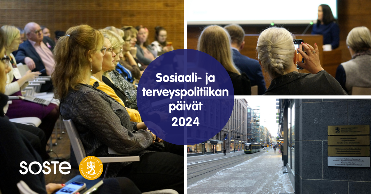 Sosiaali- ja terveyspolitiikan päivien mainoskuva, jossa valokuvia aiempien päivien osallistujista ja tulevien päivien tapahtumapaikan luota Helsingin Aleksanterinkadulta.