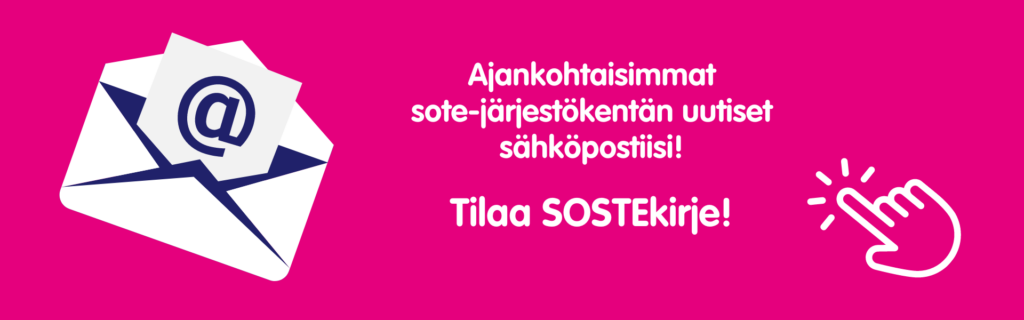 Vaalenpunainen SOSTEkirje-mainos, jossa kannustetaan tilaamaan kirje.
