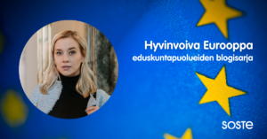 Kansanedustaja ja vihreiden puheenjohtaja Sofia Virta SOSTEn eduskuntapuolueiden Hyvinvoiva Eurooppa -eurovaaliblogisarjan kirjoittajakuvassa.