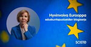 Opetusministeri ja RKP:n puheenjohtaja Anna-Maja Henriksson SOSTEn eduskuntapuolueiden Hyvinvoiva Eurooppa -eurovaaliblogisarjan kirjoittajakuvassa.