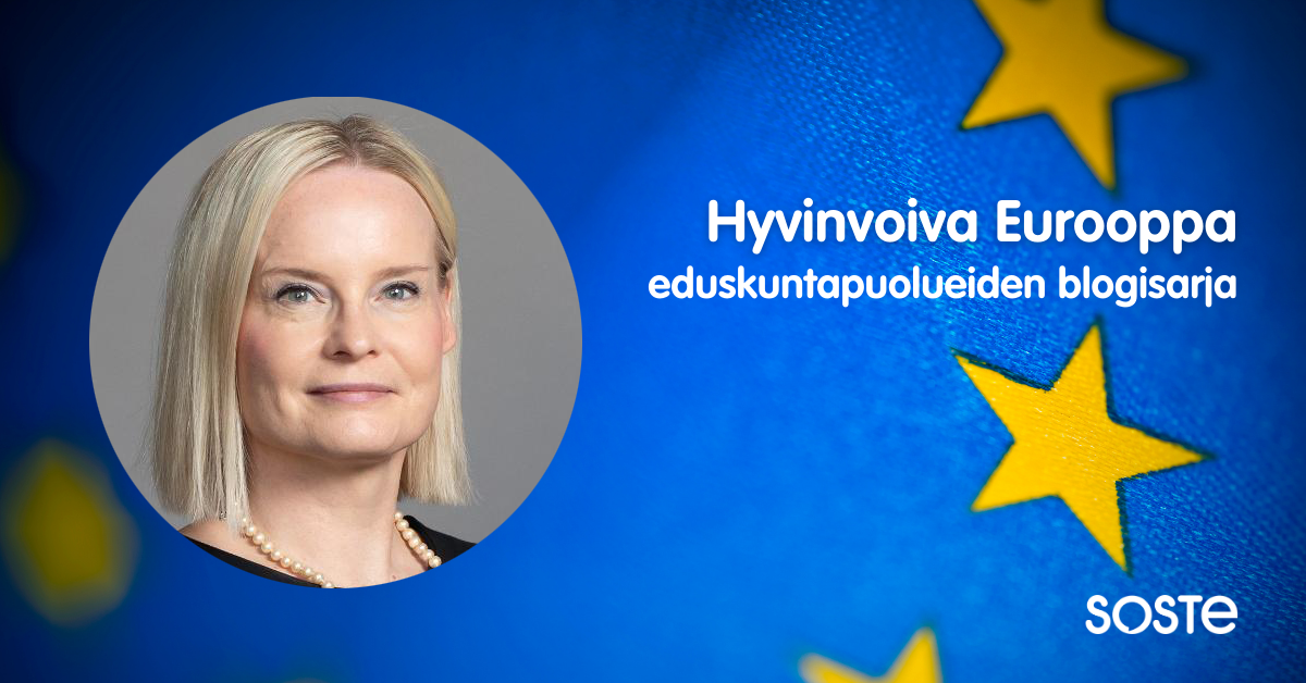 Kansanedustaja ja perussuomalaiseten puheenjohtaja Riikka Purra SOSTEn eduskuntapuolueiden Hyvinvoiva Eurooppa -eurovaaliblogisarjan kirjoittajakuvassa.