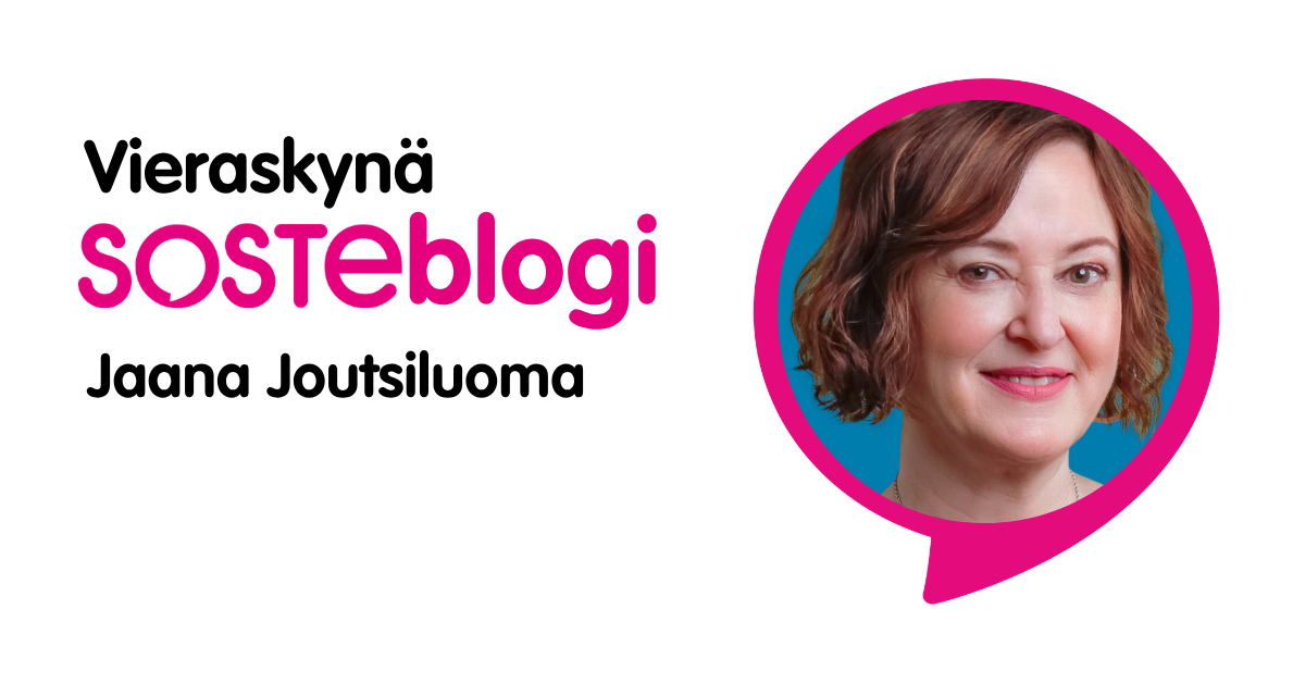 Suunnittelija Jaana Joutsiluoma Sininauhaliitosta SOSTEblogin Vieraskynän kirjoittajakuvassa.