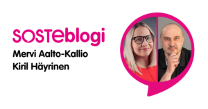 Sosten erityisasiantuntija Mervi Aalto-Kallio ja järjestöpäällikkö Kiril Häyrinen SOSTEblogin kirjoittajakuvassa.