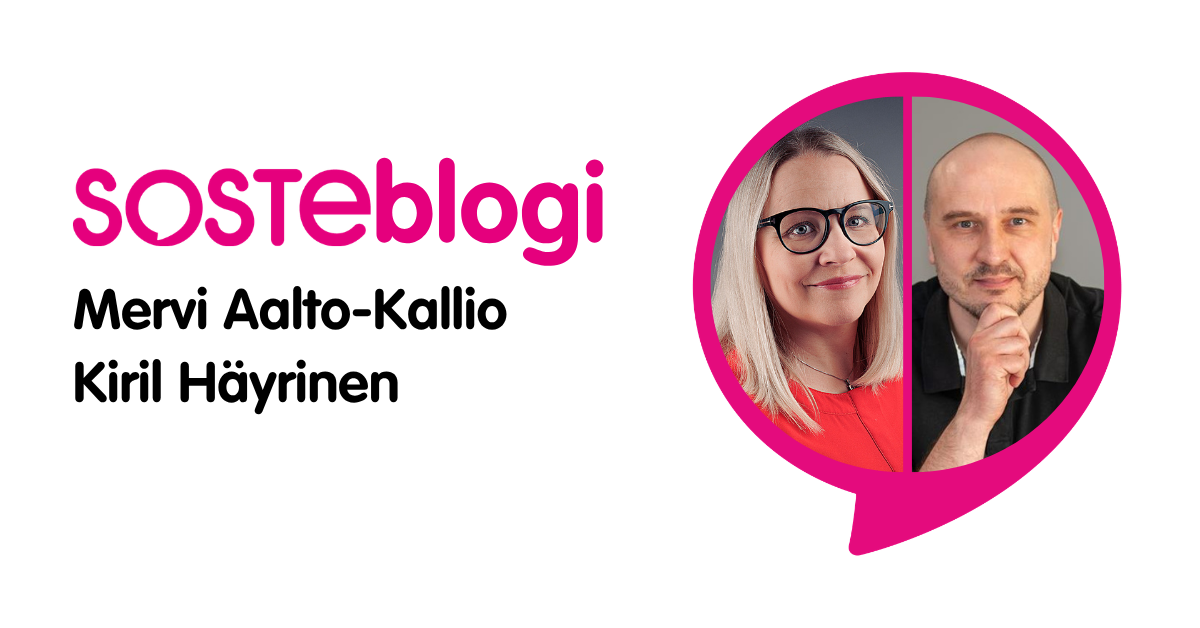 Sosten erityisasiantuntija Mervi Aalto-Kallio ja järjestöpäällikkö Kiril Häyrinen SOSTEblogin kirjoittajakuvassa.
