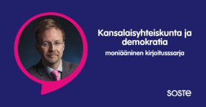 SOSTEn pääsihteeri Vertti Kiukas katsoo suoran kameraan Kansalaisyhteiskunta ja demokratia -kirjoitussarjan kirjoittajakuvassa.